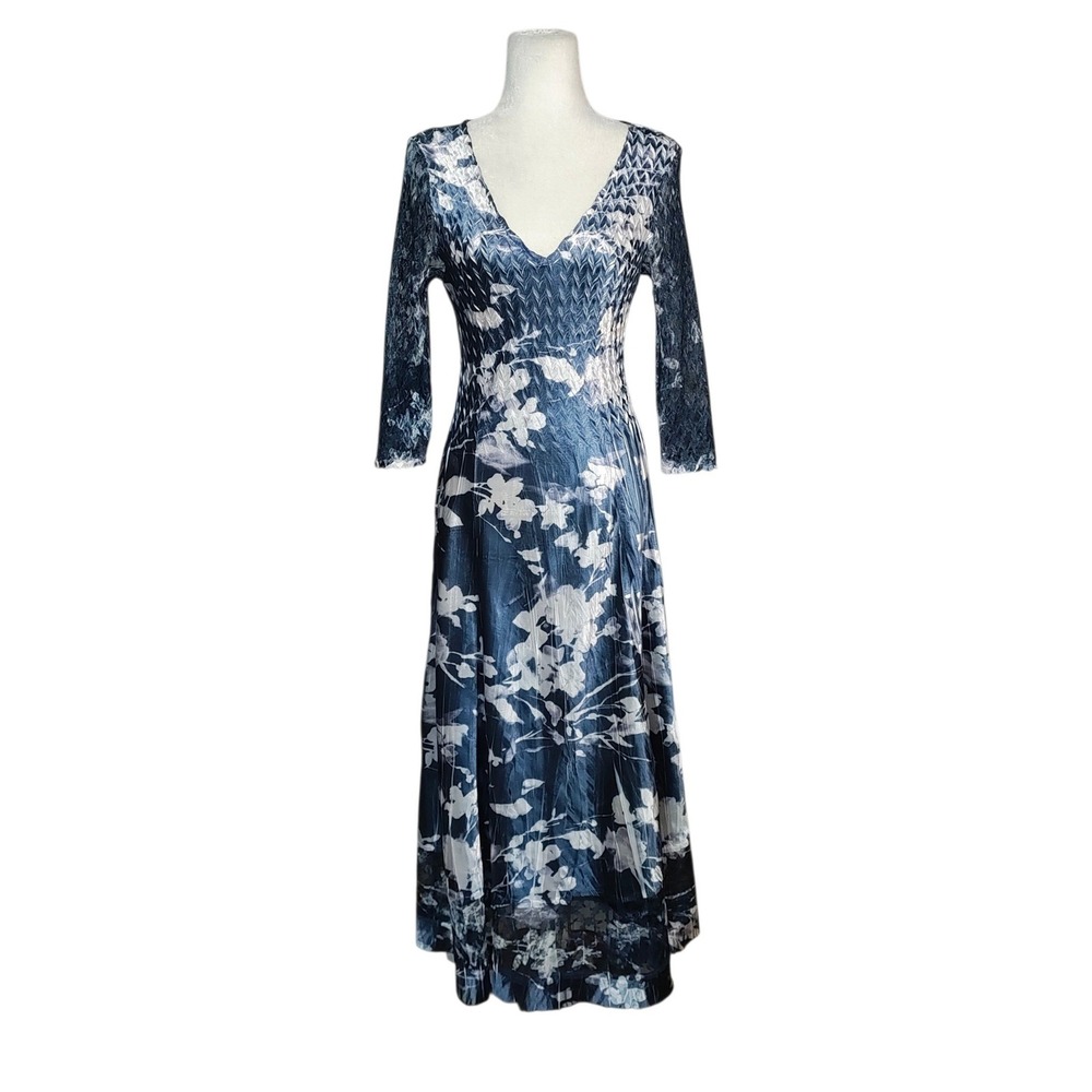 Komarov Pleated Midi Dress Blue White Lace Sleeves Wedding Guest Formal Medium